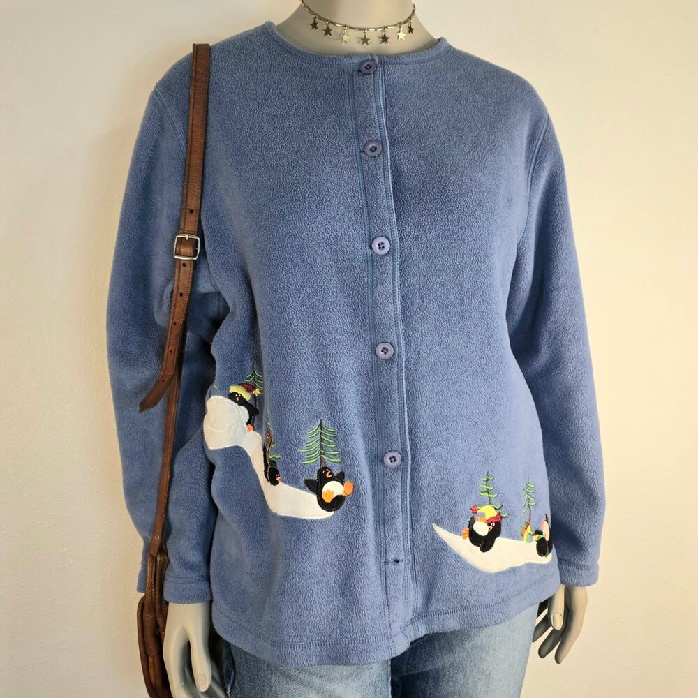 Vintage Penguin Winter  Fleece Button Jacket Blue Plus Size 1X 90s Cottagecore